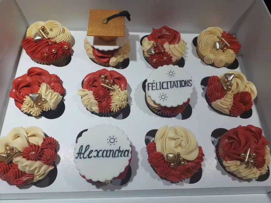 Graduation cupcakes with caps and a name