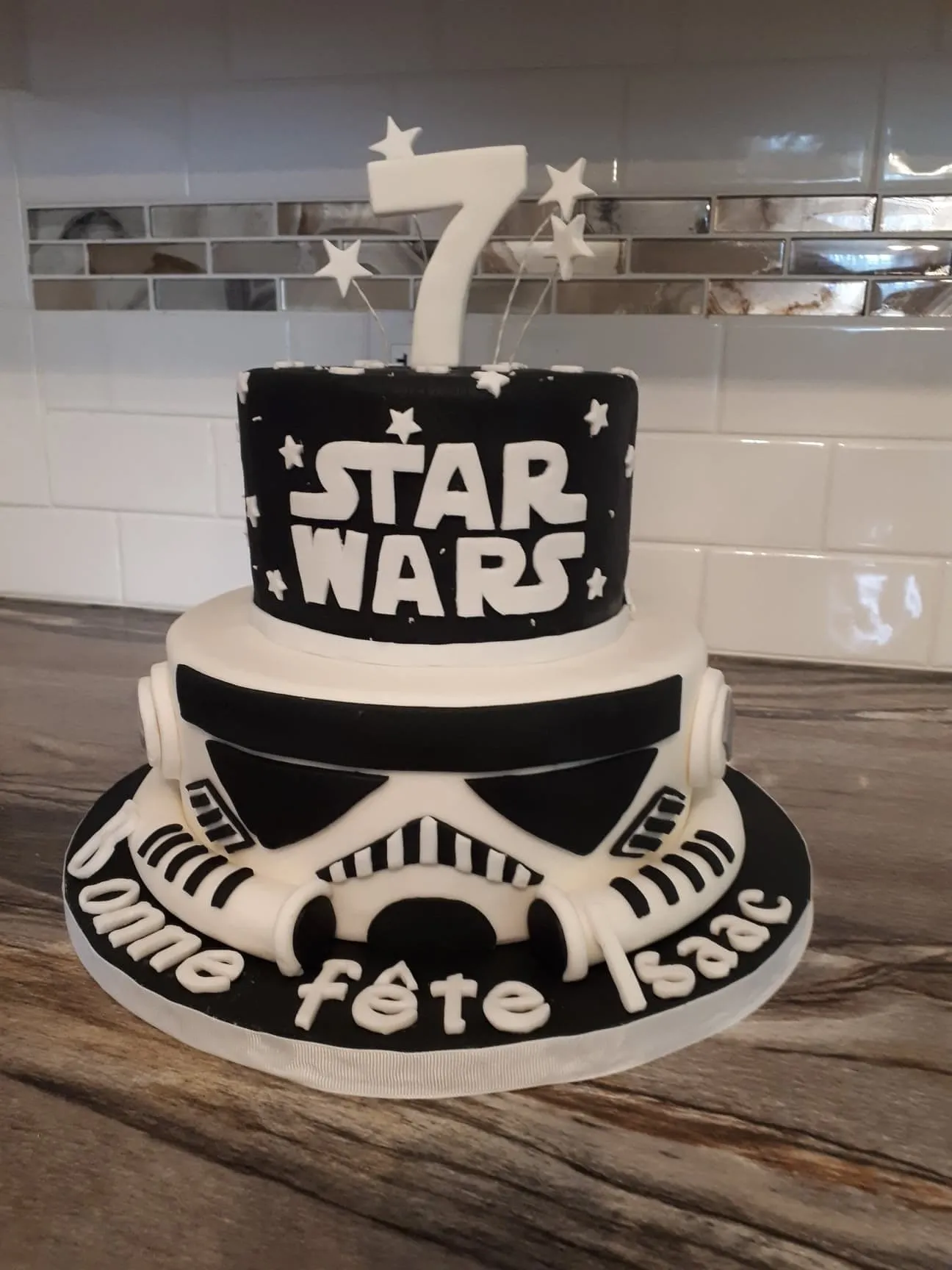 Black and white Star Wars stormtrooper birthday cake