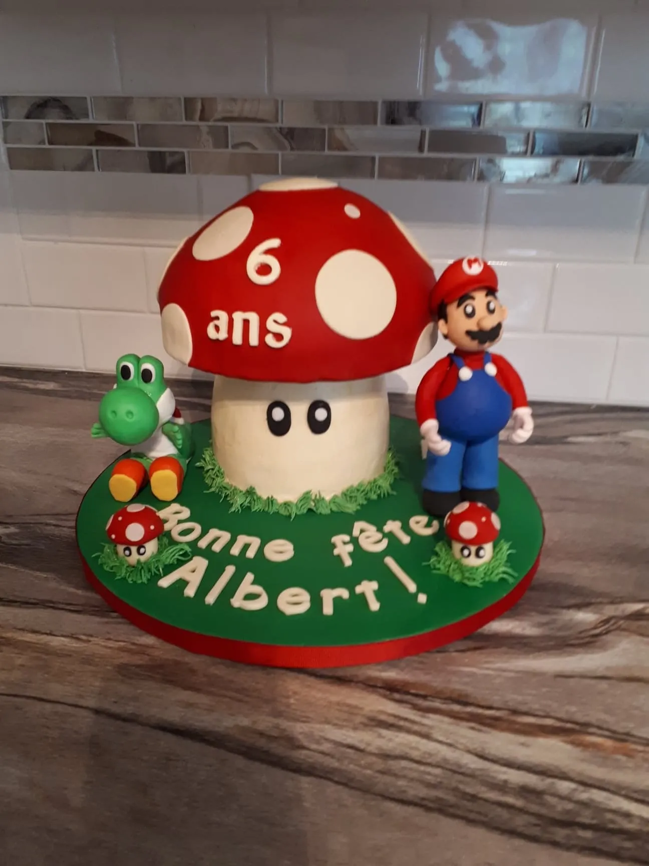 Super Mario cake with a red mushroom, Mario and Yoshi
